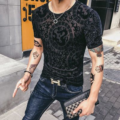 76450/2021夏款新款金丝绒冰丝镂空透气短袖圆领T恤男士修身潮男半袖