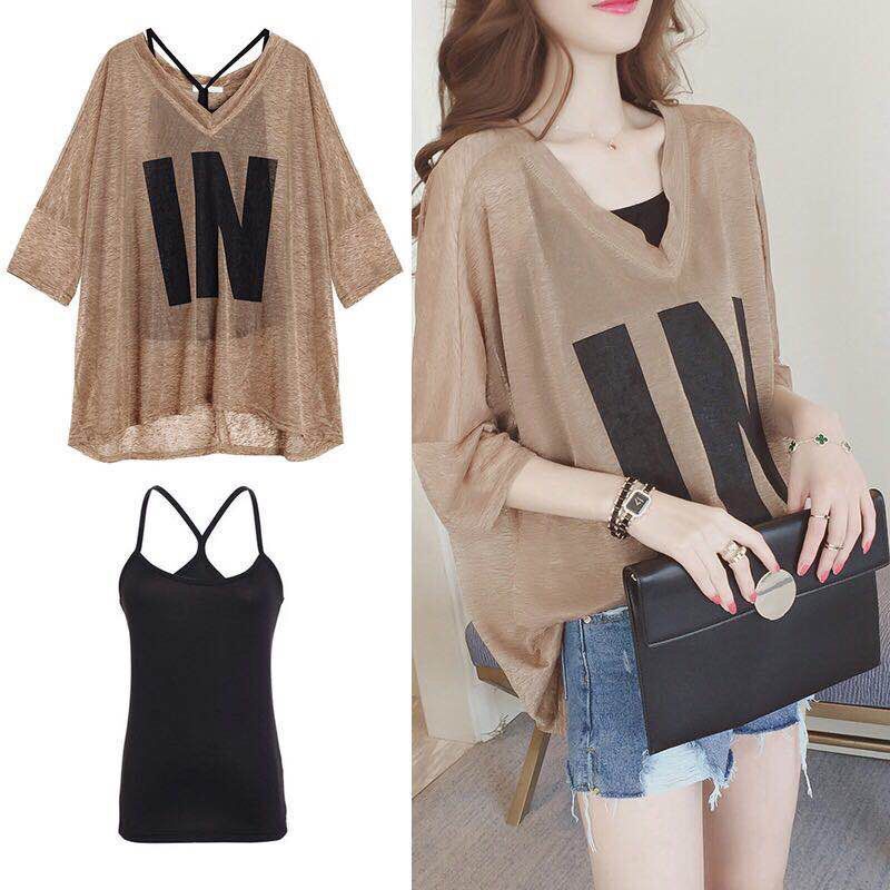 Large T-shirt for women 2020 new summer fat sister Korean loose V-neck top suspender 2-piece Casual Short Sleeve