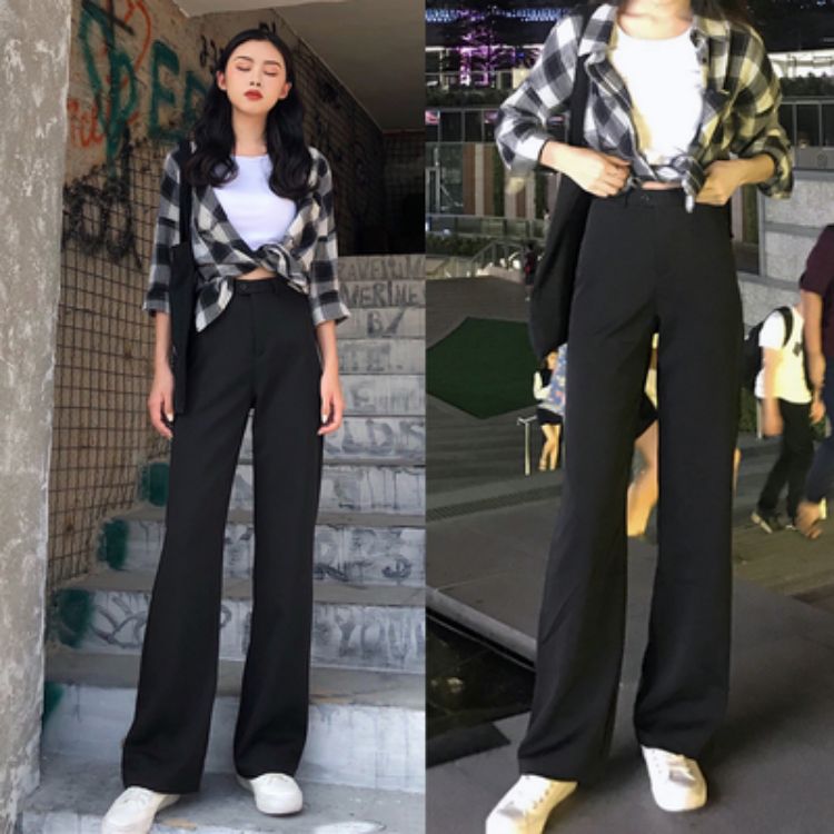 Wide leg pants women's spring and autumn high waist drop feeling loose vertical feeling thin straight tube student black trousers floor dragging women's trousers