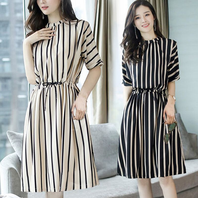 Women's foreign style vertical stripe dress women's summer new Korean Short Sleeve mid long skirt lace up waist pleated skirt