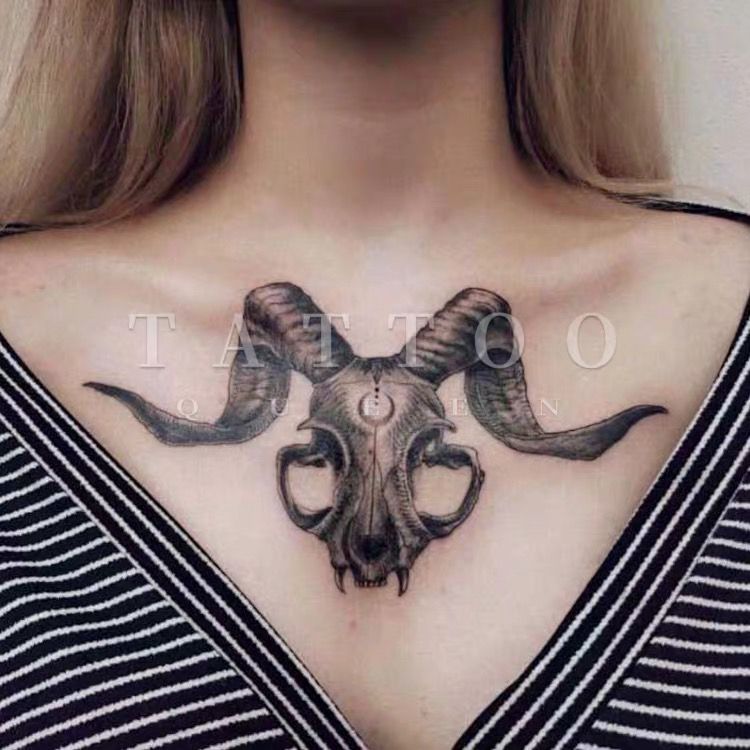花臂少女tattoo d139 黑白羊头 月牙 胸前花胸纹身贴包邮
