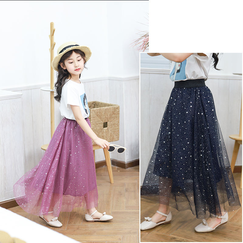 Girls' half length dress mid length 2020 new Xia Zhong Da Tong Korean version star sky dress parent child dress mesh skirt