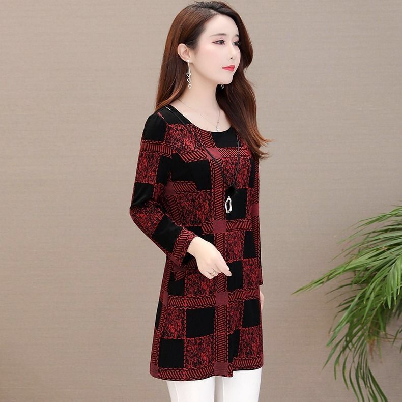Large women's spring 2020 new Korean version fat mm reduced age Plaid printed long sleeve dress with waist and bottom skirt
