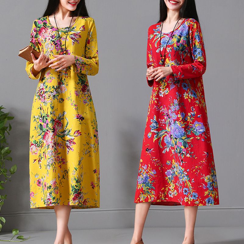 Spring and autumn winter dress loose size medium long skirt retro ethnic women's dress slim cheongsam Long Sleeve Dress