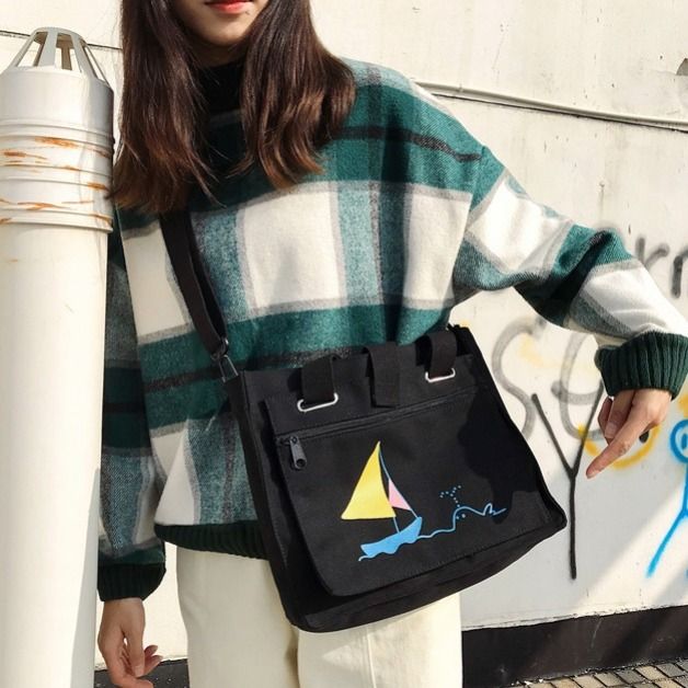2023新款帆布包女學生韓版斜挎原宿百搭單肩包ins大容量簡約布包