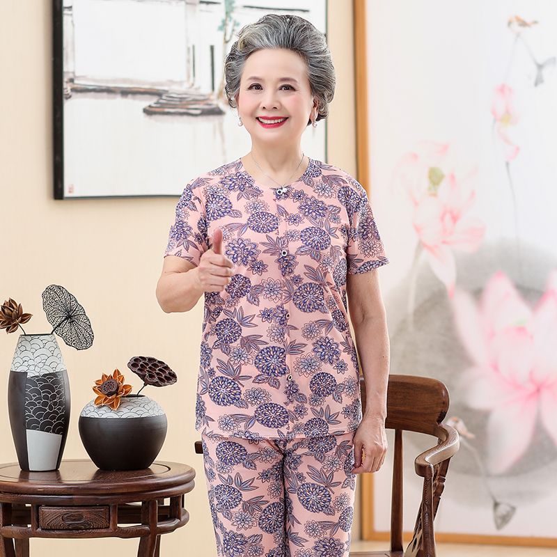 Elderly women's summer clothes 70-80 years old grandma suit loose middle-aged and elderly women's clothes mother summer short-sleeved two-piece suit