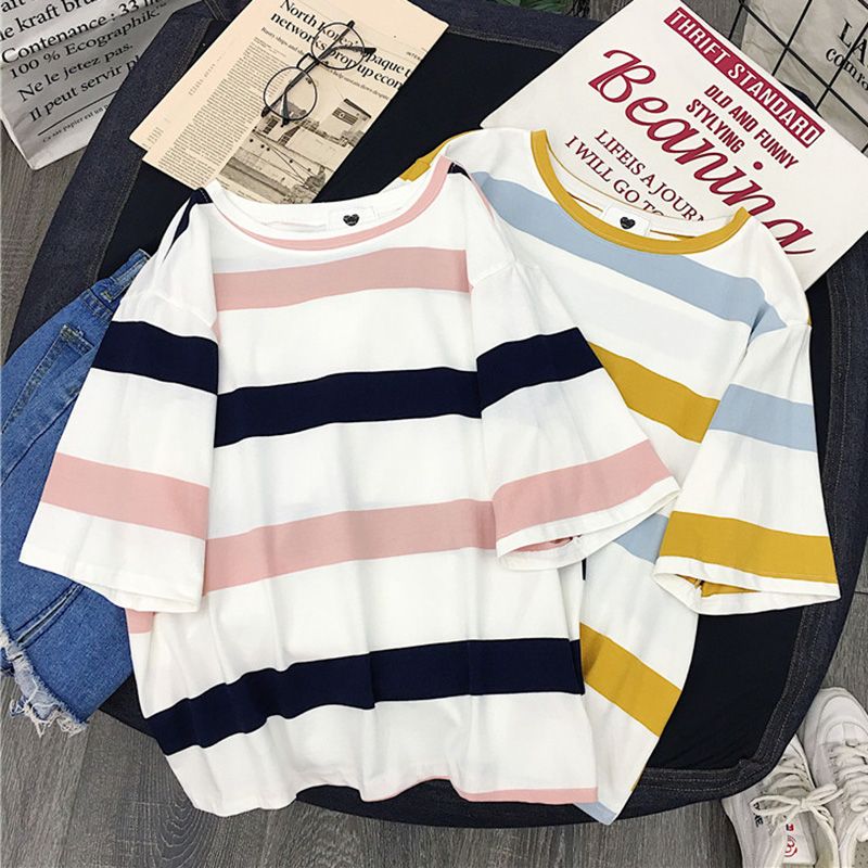 [cotton] summer top ins trendy student short sleeve T-shirt Korean version versatile stripe loose women's bottoming shirt