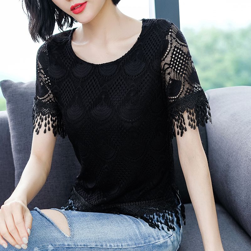 Lace short sleeve women's summer new cut out chiffon shirt small shirt tassel lace shirt large size very fairy foreign style top