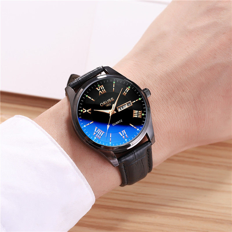 瑞士正品手表皮带男士手表超薄防水机芯表时尚夜光日历金男表学生