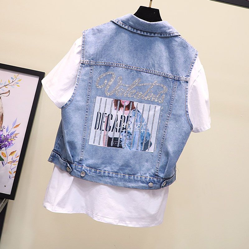 Summer new Korean version of self-cultivation and thin short section thin denim vest sleeveless ironing drill vest vest printed top women