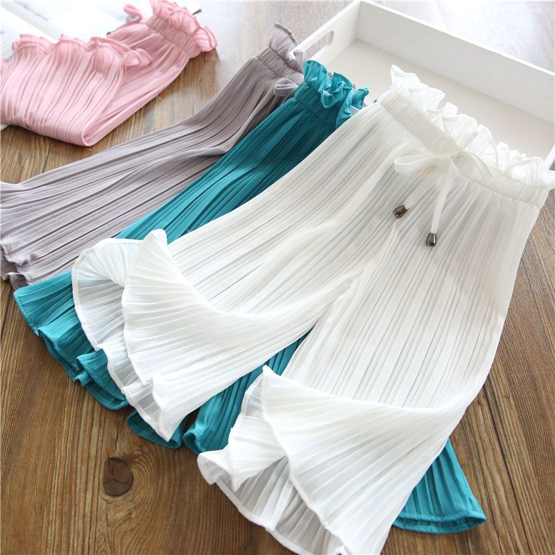 Girls' pants summer 2020 new children's Chiffon casual pants 7-point mosquito proof pants little girl's organ pleated wide leg pants