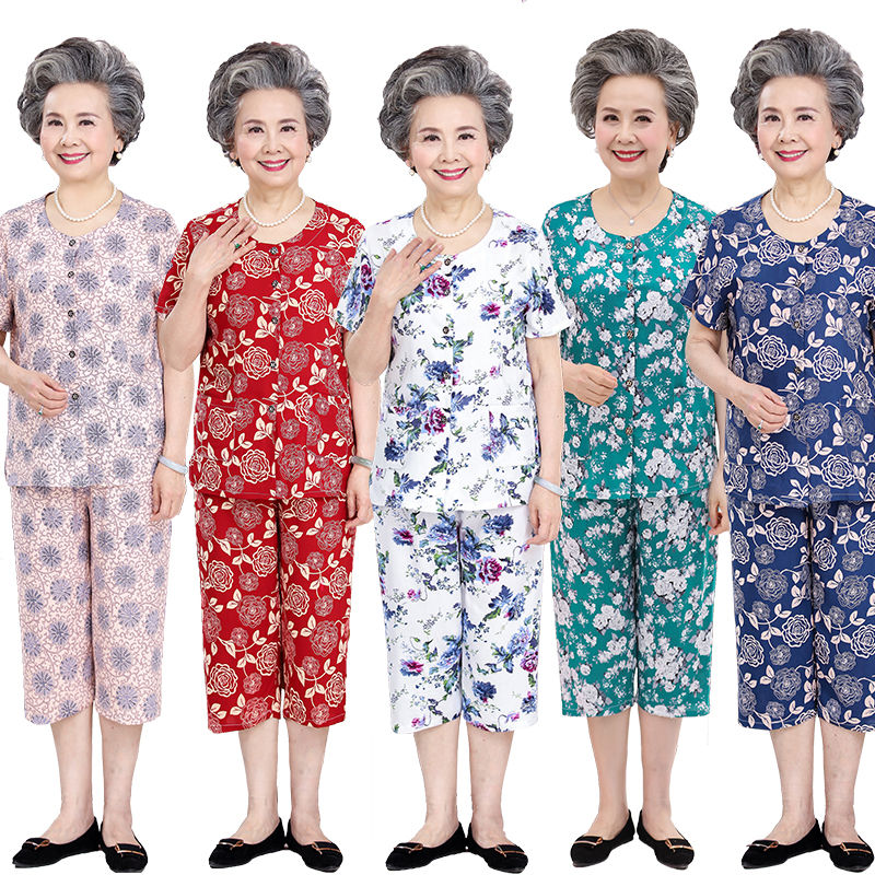 Elderly summer dress female mother suit grandma dress short-sleeved cotton silk old lady 60-70-80 years old old man clothes female