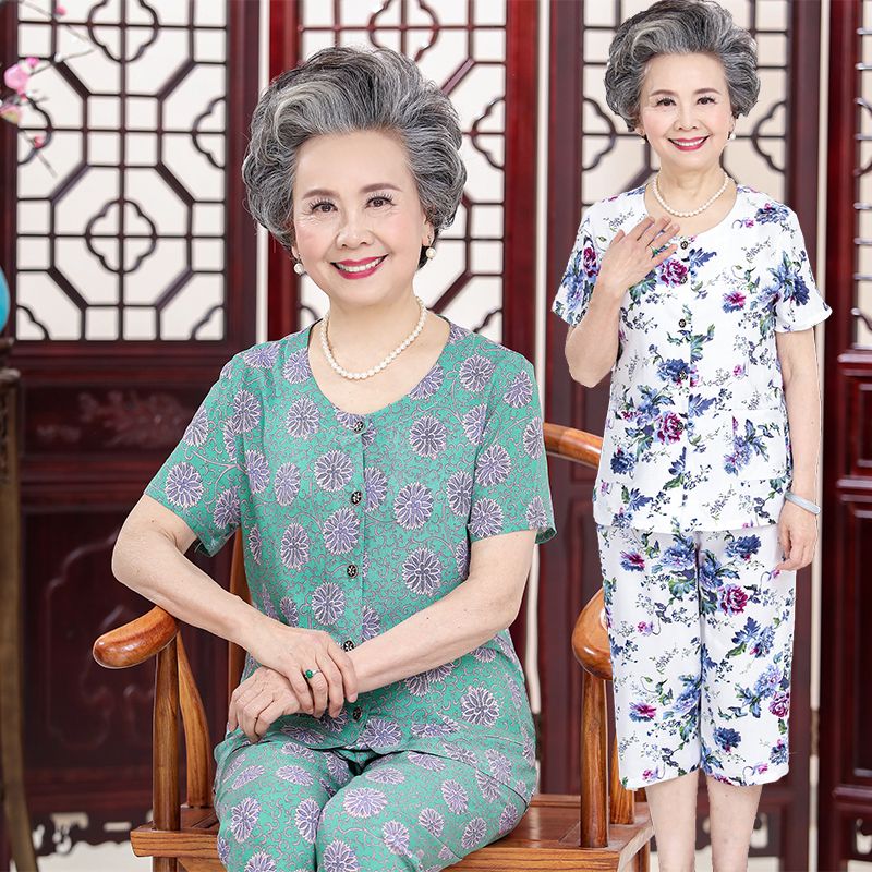 Elderly summer dress female mother suit grandma dress short-sleeved cotton silk old lady 60-70-80 years old old man clothes female