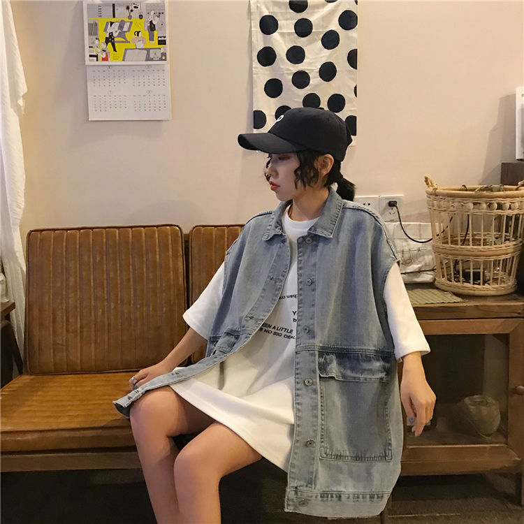 Hong Kong style retro chic top female student Korean loose large BF wind work clothes cowboy vest vest jacket female