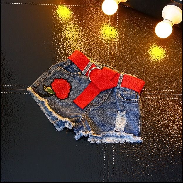 Children's clothing summer new products girl's European and American style washed jeans pierced Embroidery Rose denim shorts
