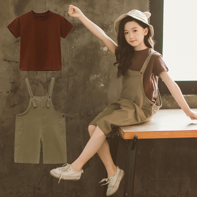 Girls' summer suit 2019 new middle school children's short sleeve children's fashionable two piece set girls' foreign style Suspenders
