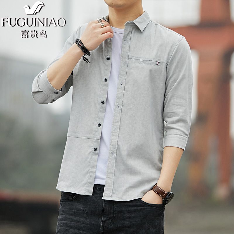 Short sleeve men's 3 / 4 Sleeve Shirt thin elastic slim fit Korean cotton stitching casual medium sleeve shirt