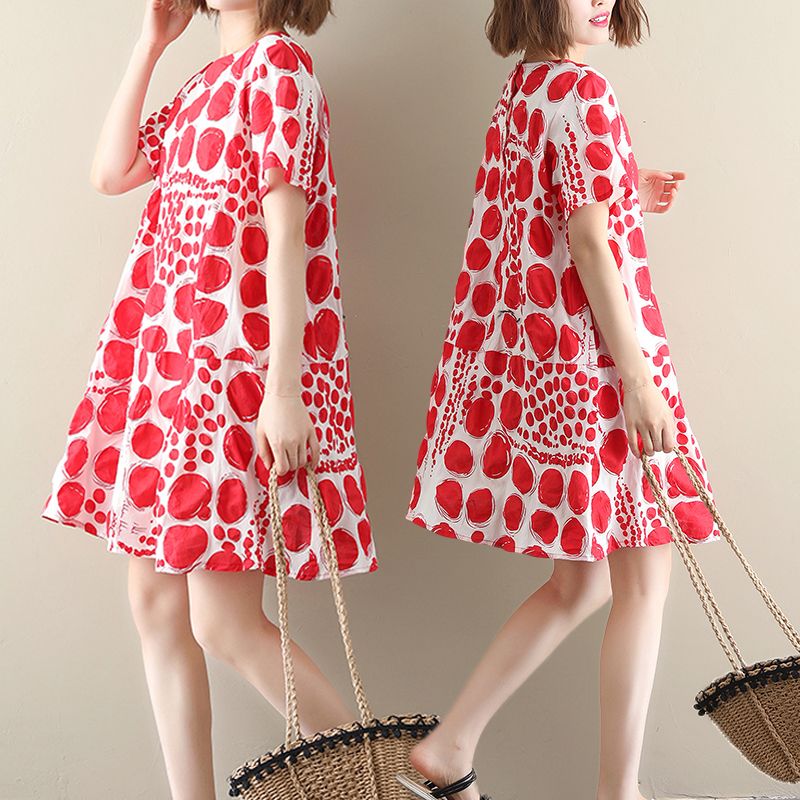 Large size literary wave dot print short sleeve dress 2020 spring summer fat mm fat increase loose and thin mid long skirt