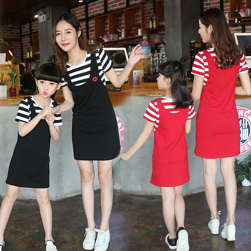 [95 cotton short sleeve dress parent-child dress] summer 2020 stripe fake two piece dress princess skirt