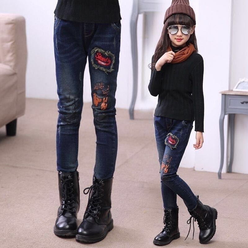 Plush and single autumn girl's wear children's slim autumn Pants Girls' Slim jeans