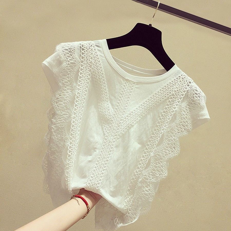 Summer new white lace top women's versatile loose very fairy Short Sleeve Chiffon small shirt