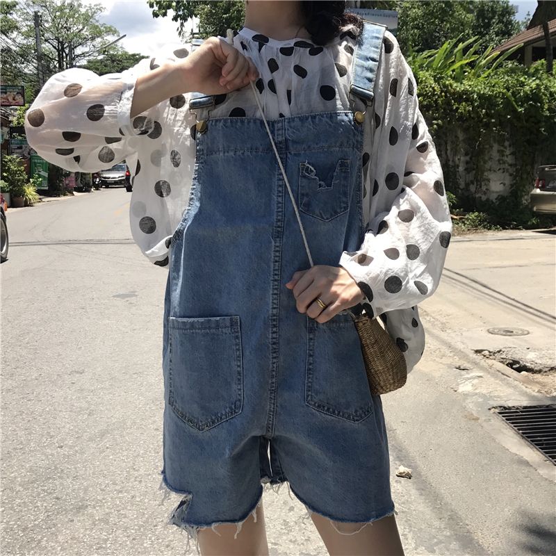 Denim strap shorts with holes and rough edges for women's loose fit 2020 summer new Korean student's all-around straight tube Jumpsuit