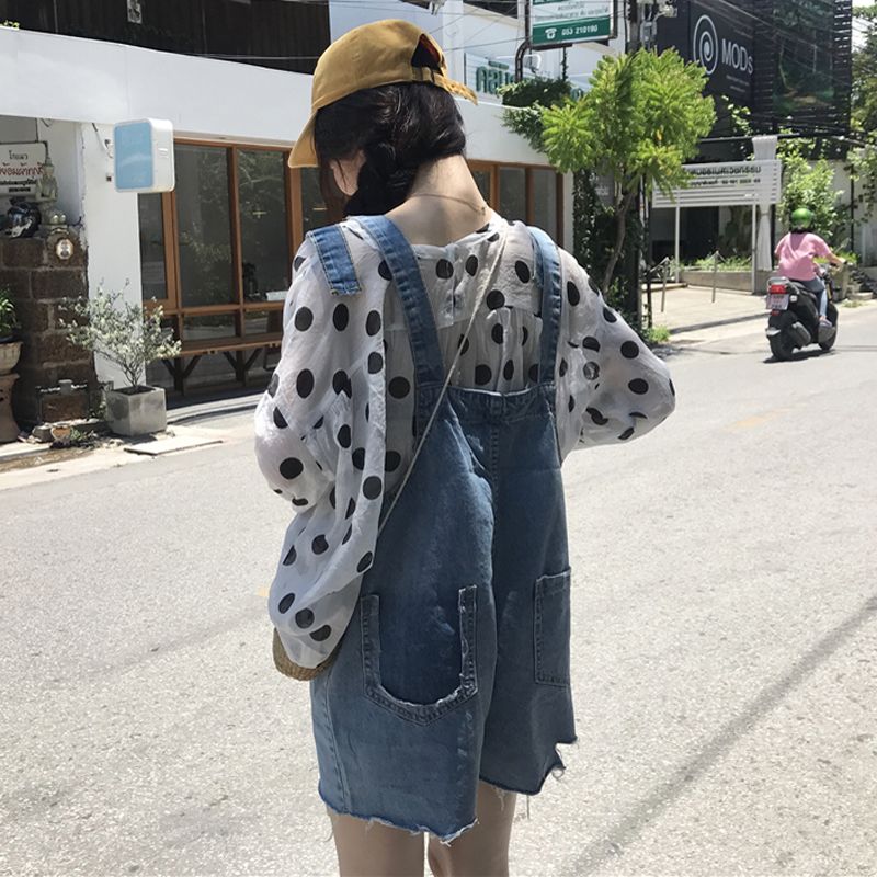 Denim strap shorts with holes and rough edges for women's loose fit 2020 summer new Korean student's all-around straight tube Jumpsuit