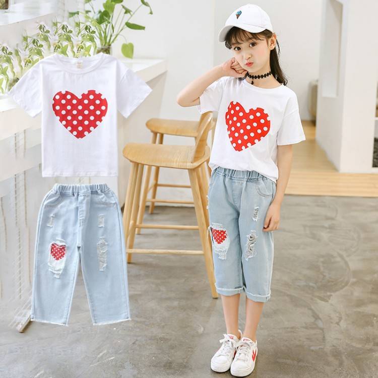 Girls' two piece suit 2020 new summer fashion suit Half Sleeve T + straight jeans Capris children's casual set