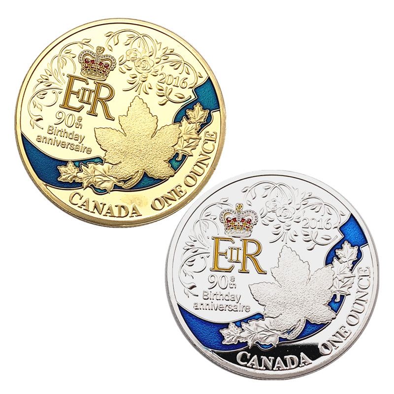现货2枚英国女王皇冠90周年纪念币加拿大枫叶生日寿币收藏币硬币 虎窝拼