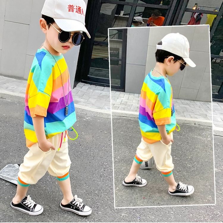Boys' short sleeve T-shirt suit summer wear new Korean style children's summer half sleeve shorts two piece fashion