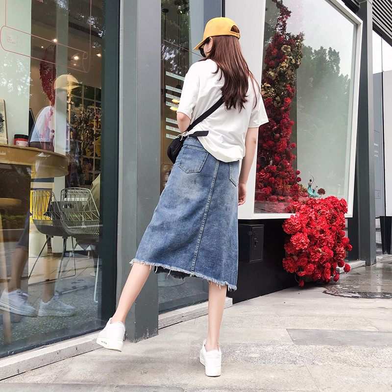 European station plus size fat mm spring and autumn students holed thin denim skirt raw edge mid-length A-line skirt female