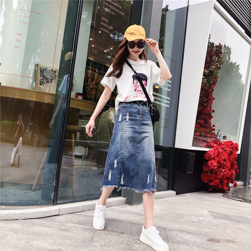 European station plus size fat mm spring and autumn students holed thin denim skirt raw edge mid-length A-line skirt female