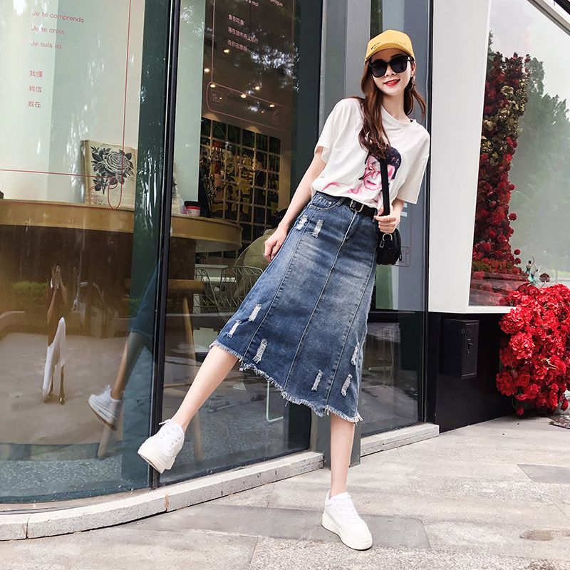European station plus size fat mm spring and autumn students holed thin denim skirt raw edge mid-length A-line skirt female