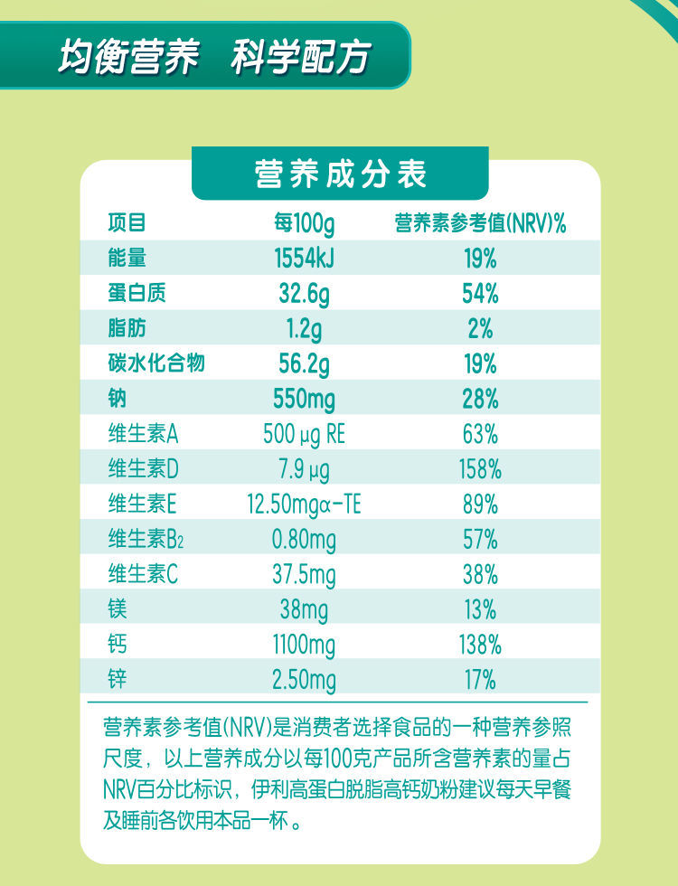 伊/利高蛋白脱脂高钙奶粉450g*18小袋成人青少年中老年低脂牛奶