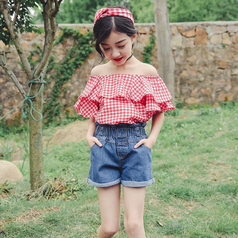 Girls summer clothes  new children's Korean version super foreign style short-sleeved one-shoulder top fashionable fashion shirt children's clothing