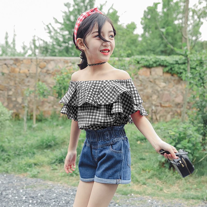 Girls summer clothes  new children's Korean version super foreign style short-sleeved one-shoulder top fashionable fashion shirt children's clothing