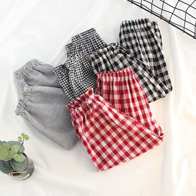 Boys and girls pure cotton plaid pants spring and summer baby pants