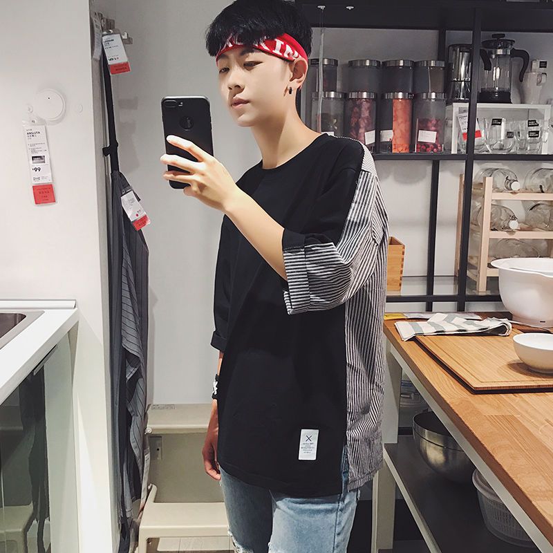 夏季男士潮流七分袖2022新款男港風短袖T恤寬鬆韓版百搭學生上衣
