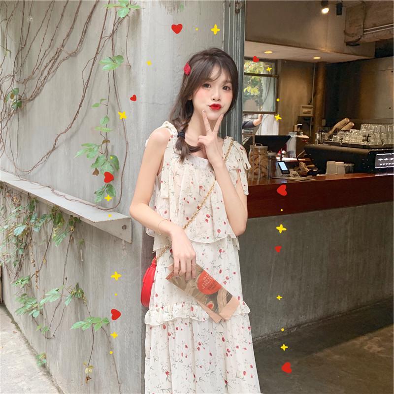 女装2020新款韩版气质甜美雪纺系带碎花超仙吊带连衣裙中长 拼多多