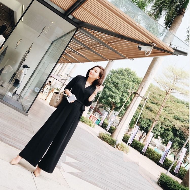 Spring and summer black simple V-neck wide-leg pants women's high waist OL style thin trousers three-quarter sleeve waist tie jumpsuit