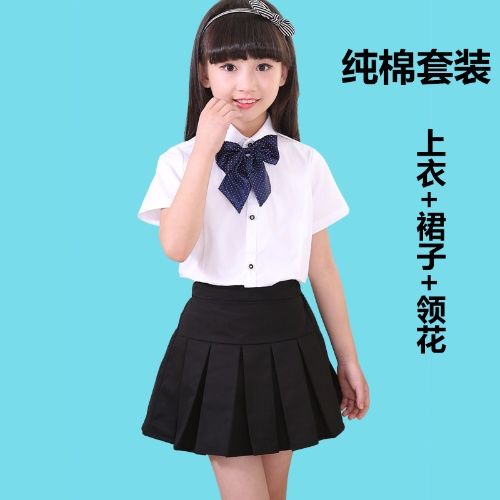 女童白襯衫黑色裙子套裝春夏韓版純棉學生六一兒童禮服演出服套裝