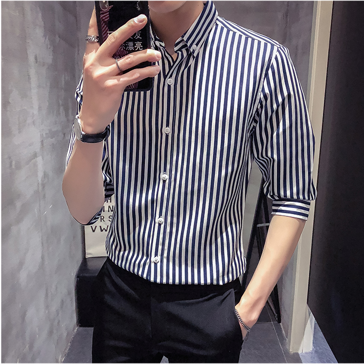 Men's Short Sleeve Shirt summer Korean slim half sleeve shirt cool trend casual Quarter Sleeve Striped Shirt Men's