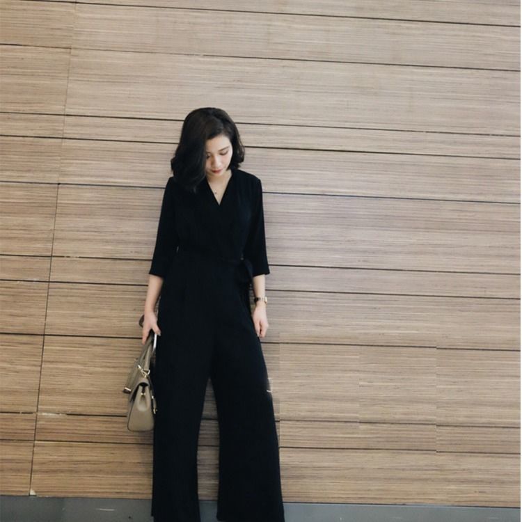 Spring and summer black simple V-neck wide-leg pants women's high waist OL style thin trousers three-quarter sleeve waist tie jumpsuit