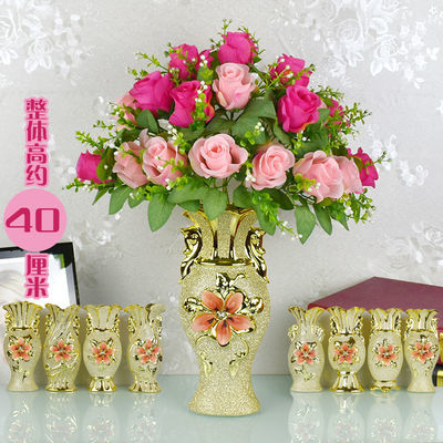 【花瓶+花】陶瓷电镀钛金花瓶仿真花绢花假花家居餐桌茶几装饰品