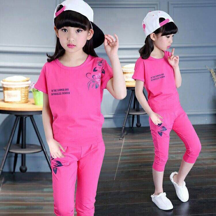 2020 New Girls Summer children's sports rest set small, medium and large children's short sleeve Suit Girls' two piece suit