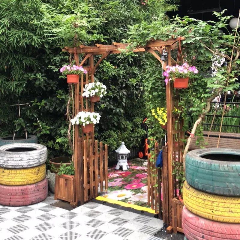 户外庭院碳化防腐木拱门花架实木爬藤架花园网格葡萄架子木质花箱 虎窝拼