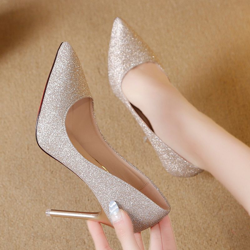 2023 spring new silver high-heeled shoes women's stiletto black sexy all-match French net red sequined girls' single shoes