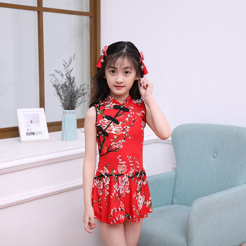 滴水之恋新款中国风旗袍泳装儿童泳衣女 女童学生分体游泳衣套装