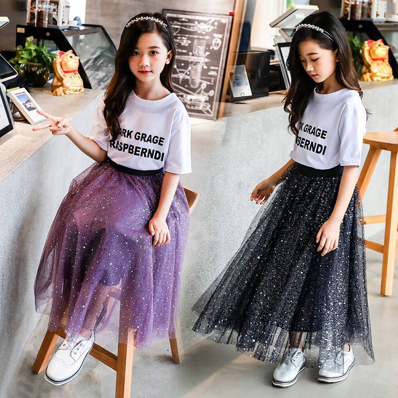 Girl's skirt mid length 2019 spring and summer China University Children's Korean star sky dress parent child Princess Dress mesh skirt