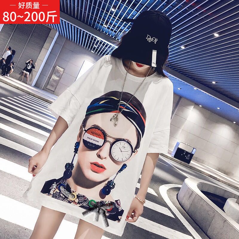 【80-210 catties】Large size women's clothing for fat mm, trendy half-length loose slimming mid-length short-sleeved T-shirt tops for women